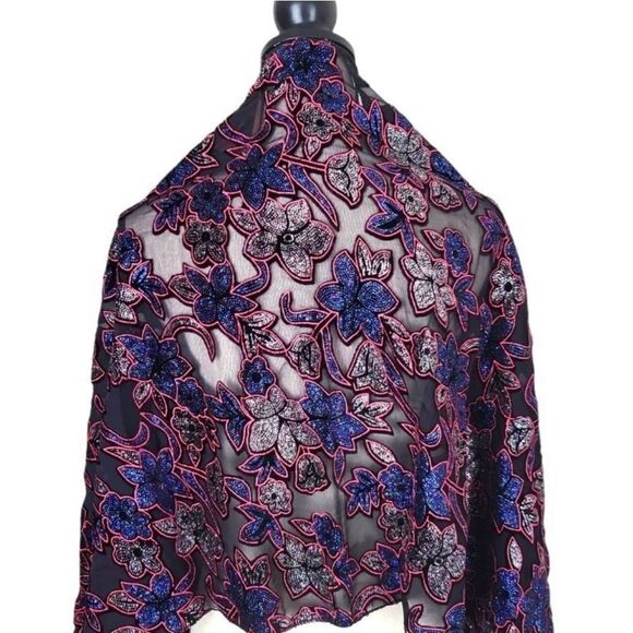 Weixinfushi Black Silk Embroidered Velvet Sequined Floral Fringe Shawl Scarf NWT - Picture 1 of 7
